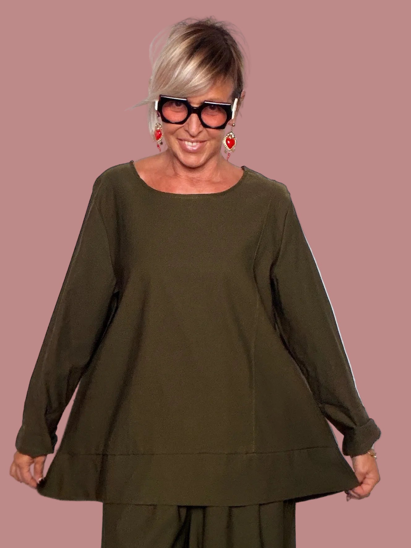 Maglia  Oversize Bengalina Verde Militare Trapezio Balza Orizzontale