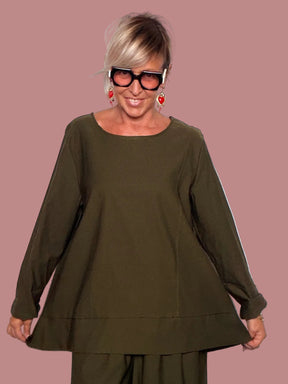 Maglia  Oversize Bengalina Verde Militare Trapezio Balza Orizzontale