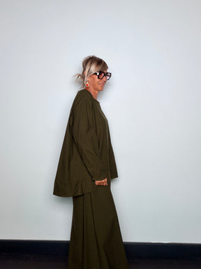 Maglia  Oversize Bengalina Verde Militare Trapezio Balza Orizzontale