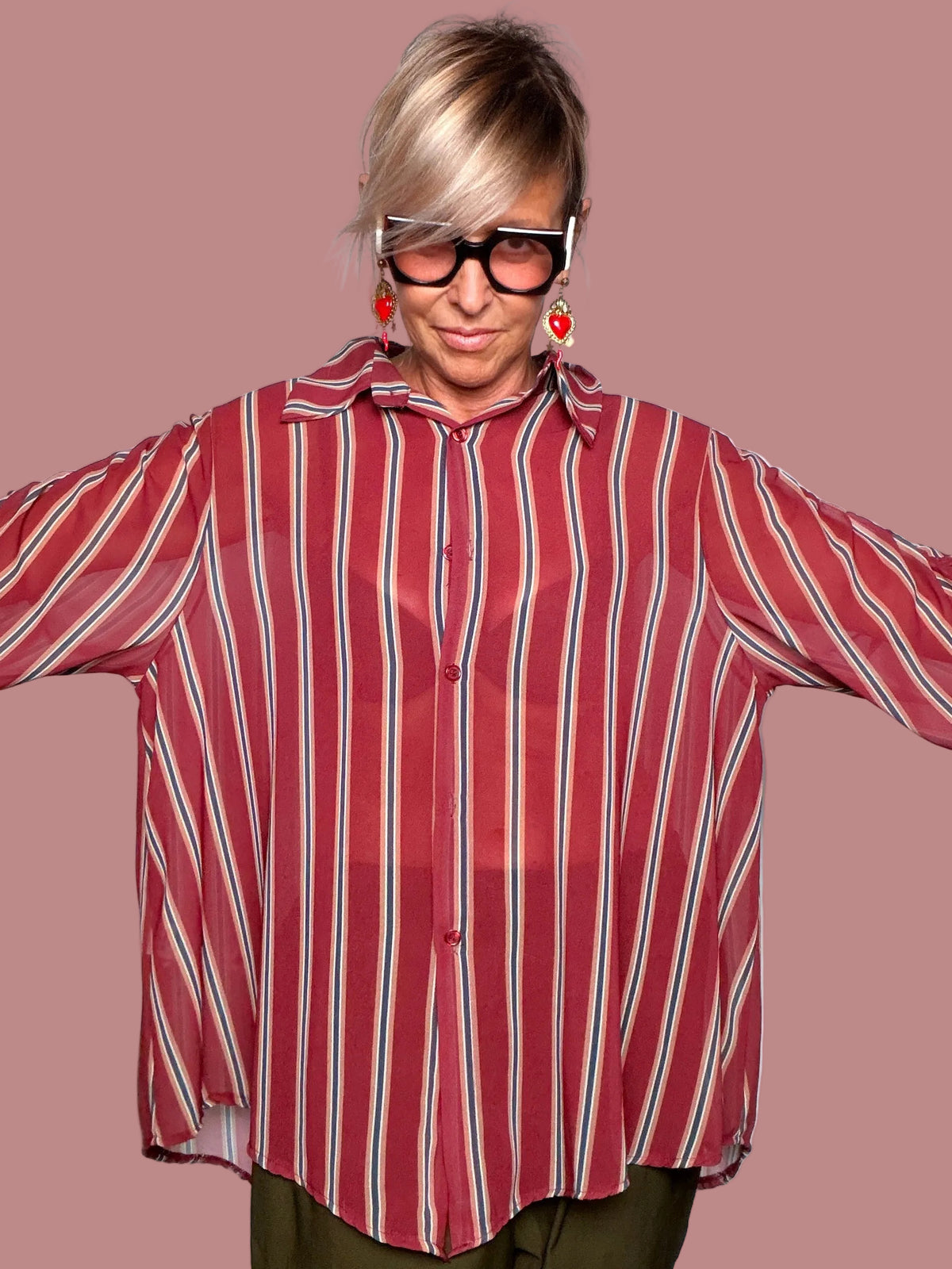 Camicia Over a Righe Multicolor con Manica Smock – Bordeaux
