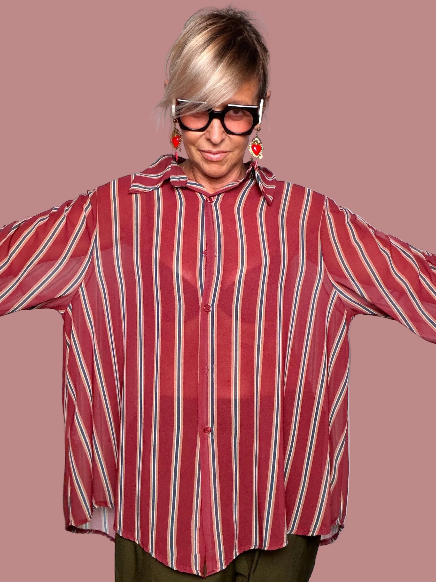 Camicia Over a Righe Multicolor con Manica Smock – Bordeaux