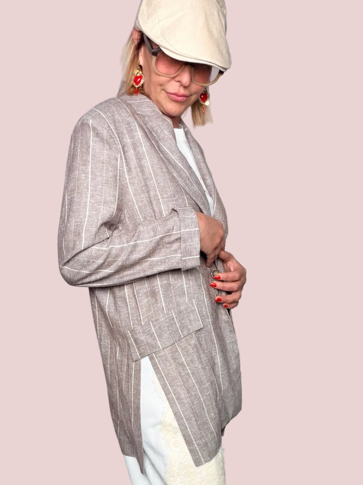 Blazer Oversize Gessato in Viscosa e Lino