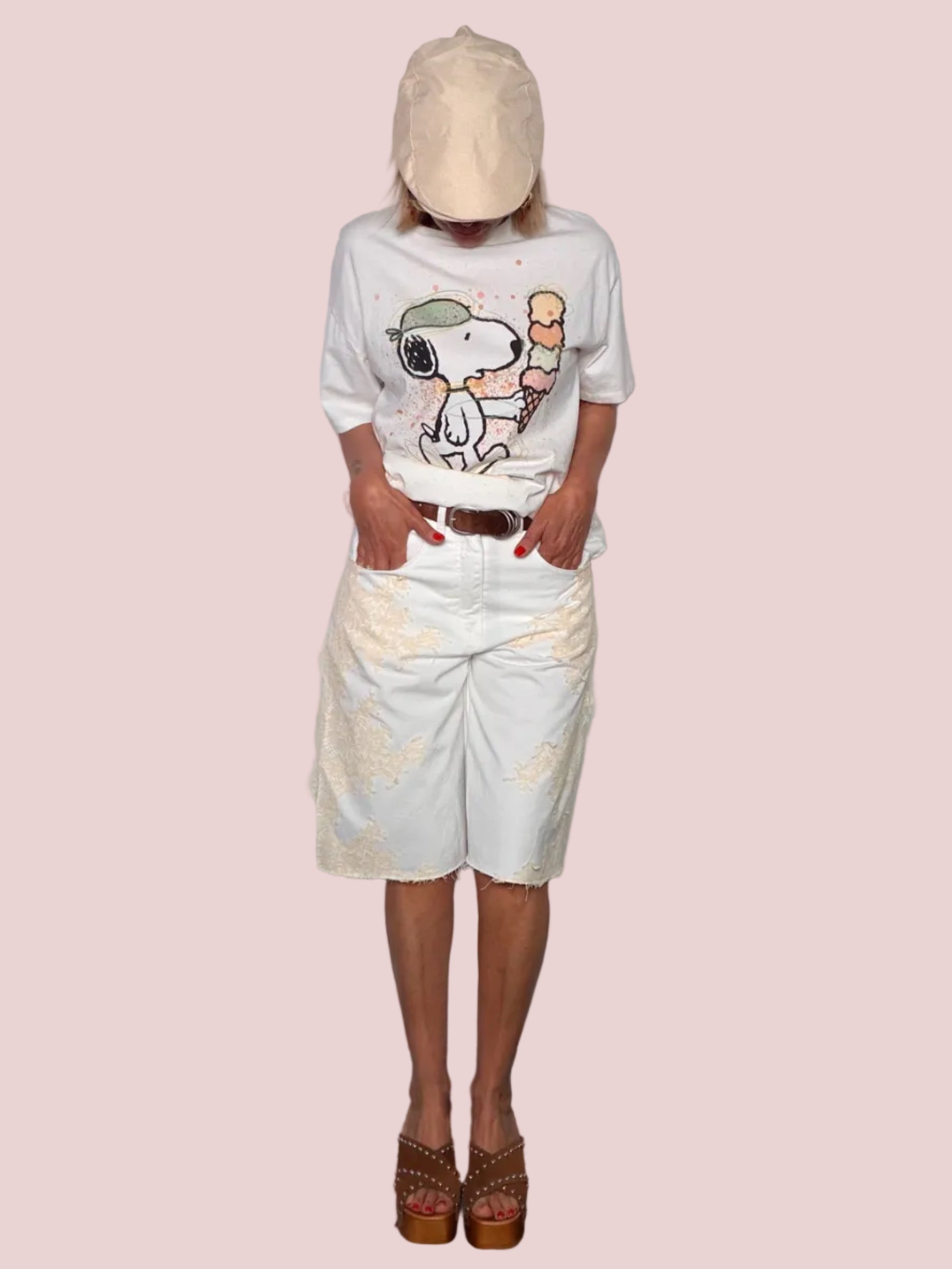 Bermuda Wide Leg in Denim con Paint Splash Pastello