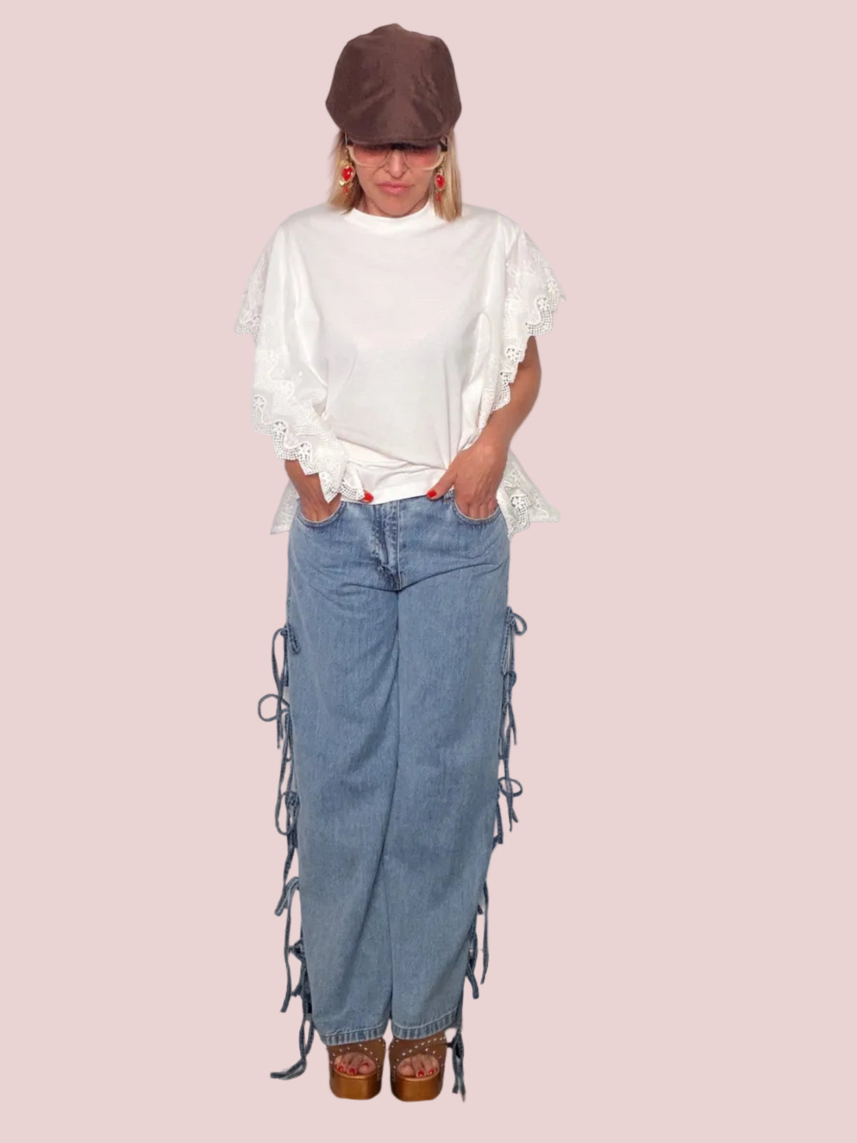 Jeans Wide Leg in Cotone con Lacci Denim Decostruttivi