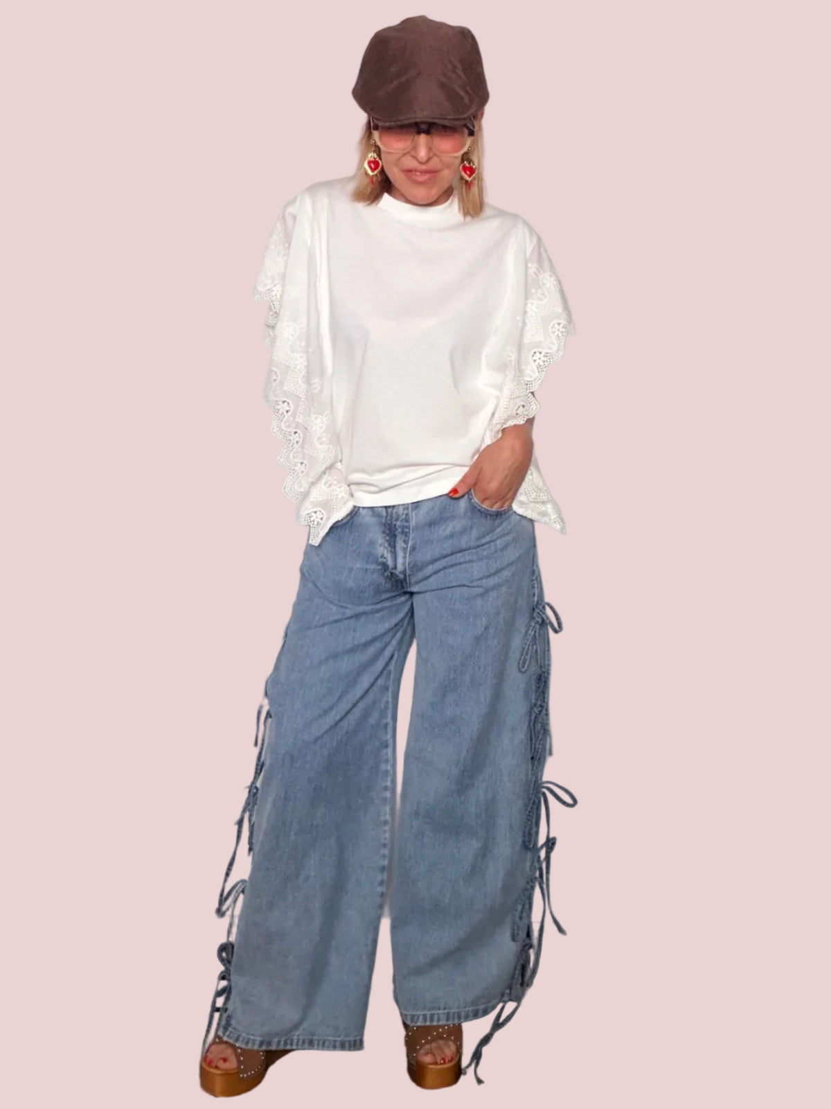 Jeans Wide Leg in Cotone con Lacci Denim Decostruttivi