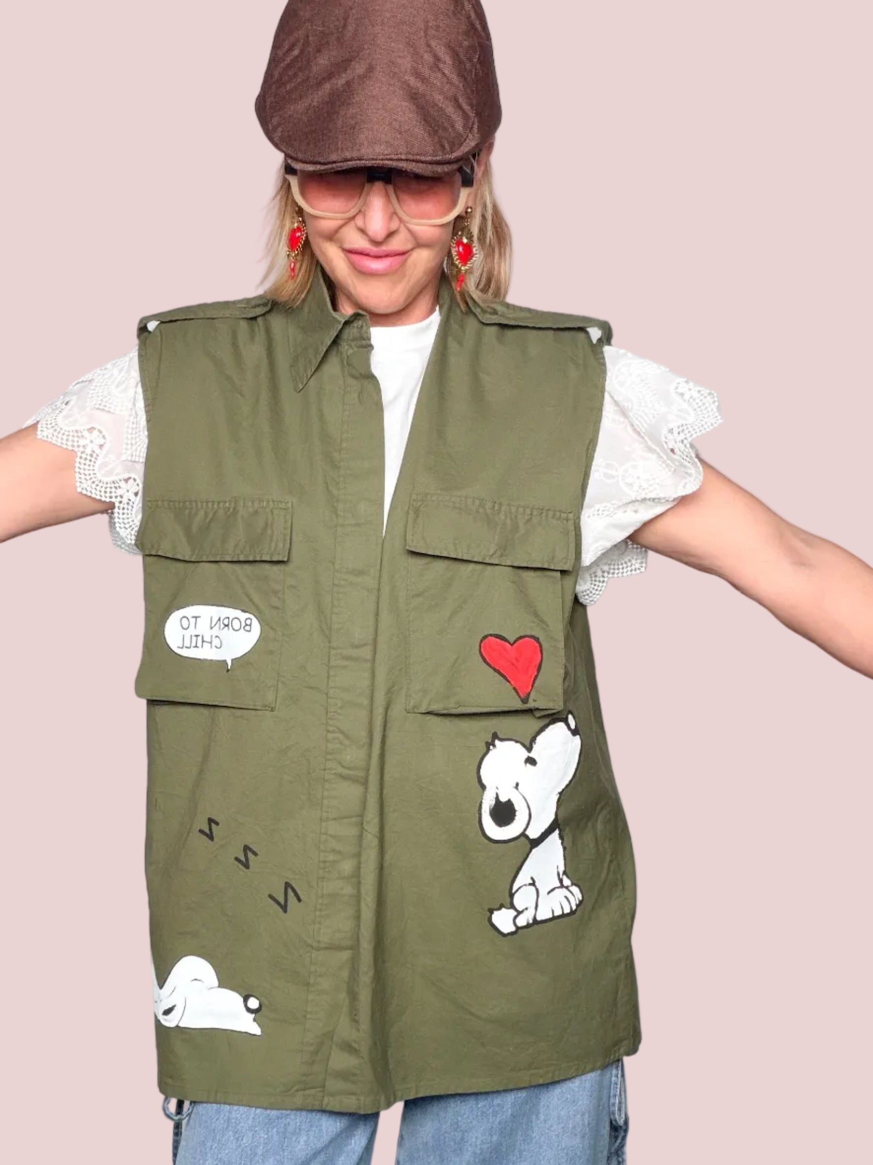 Gilet Cargo in Cotone Verde Militare con Patch Snoopy