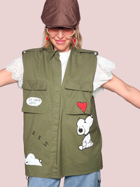 Gilet Cargo in Cotone Verde Militare con Patch Snoopy