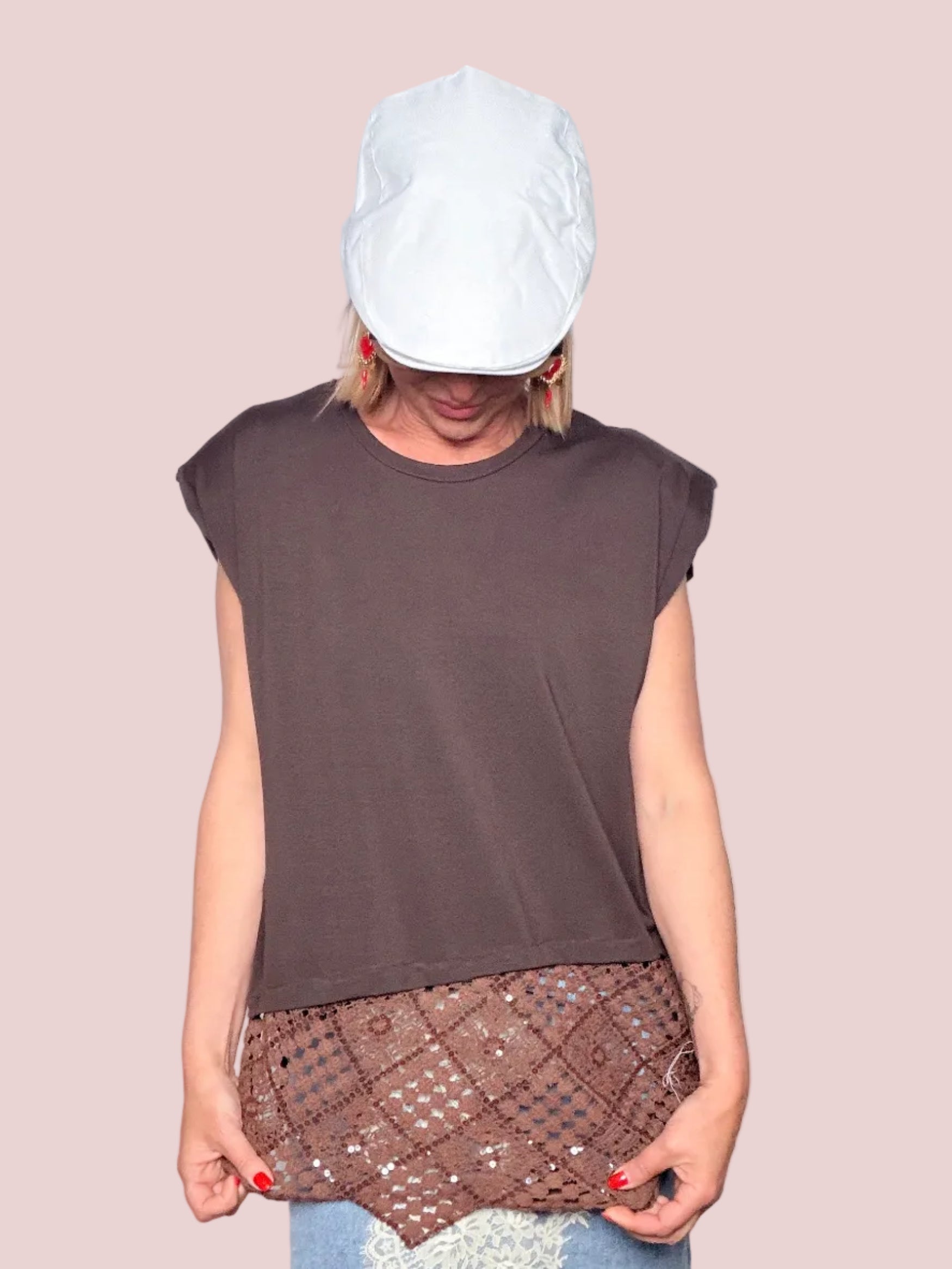 T-shirt Muscle Tee in Cotone con Inserto Pizzo Crochet e Paillettes