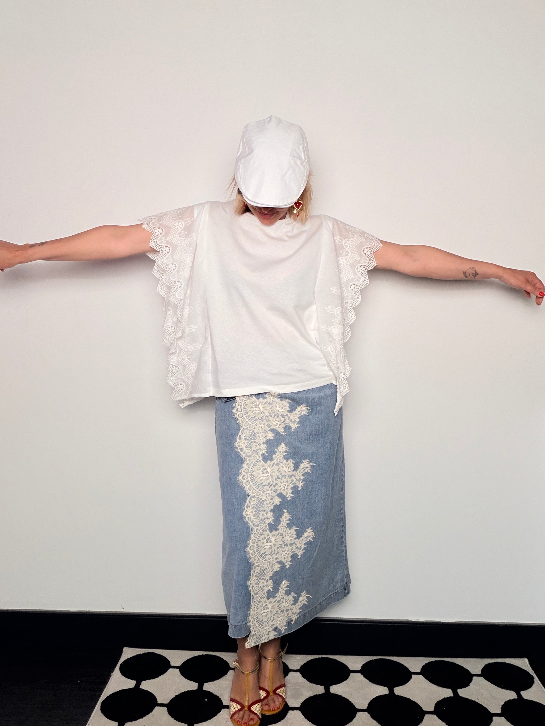 Gonna Portafoglio in Denim con Applicazione Pizzo Chantilly