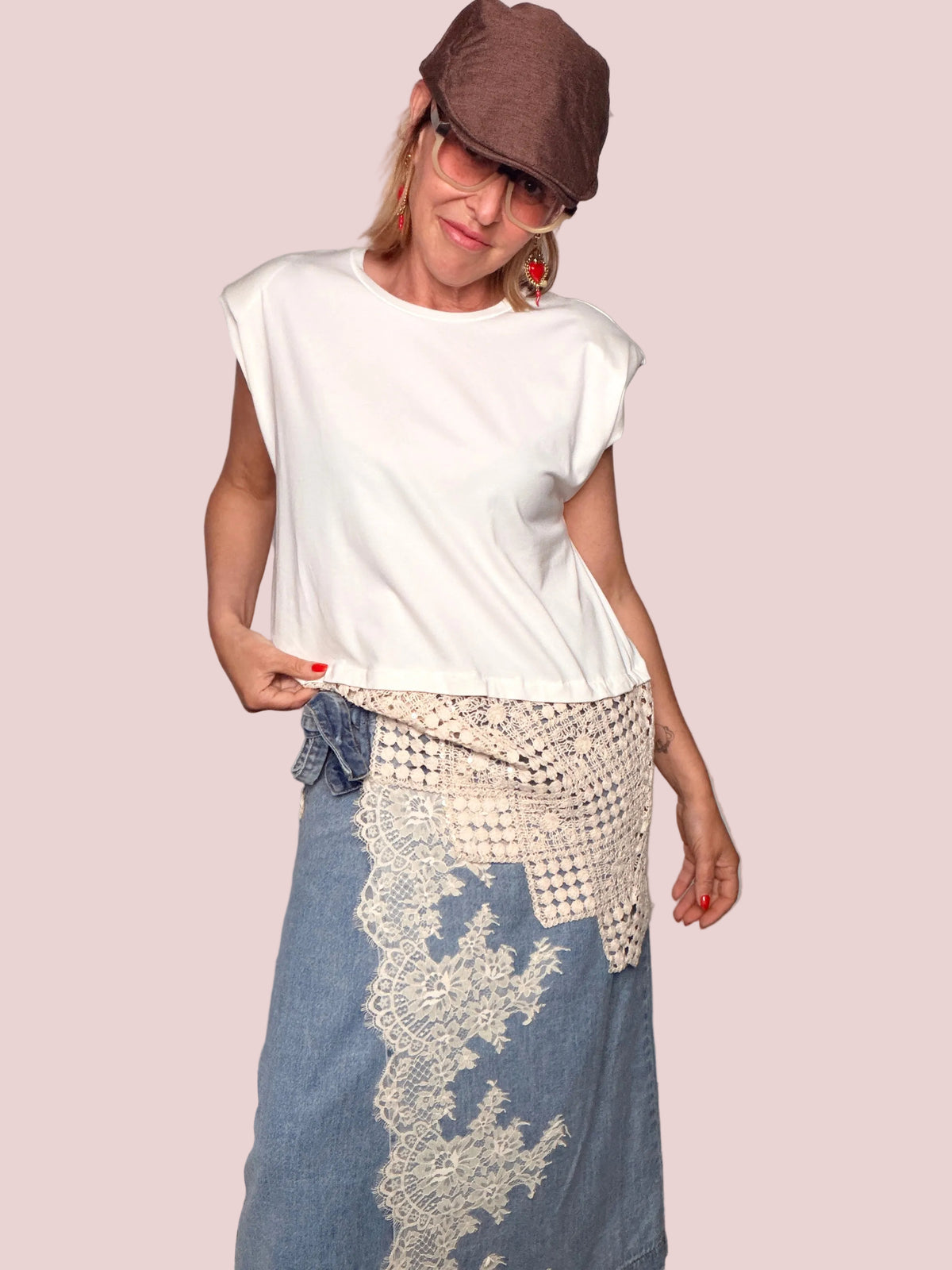 Gonna Portafoglio in Denim con Applicazione Pizzo Chantilly
