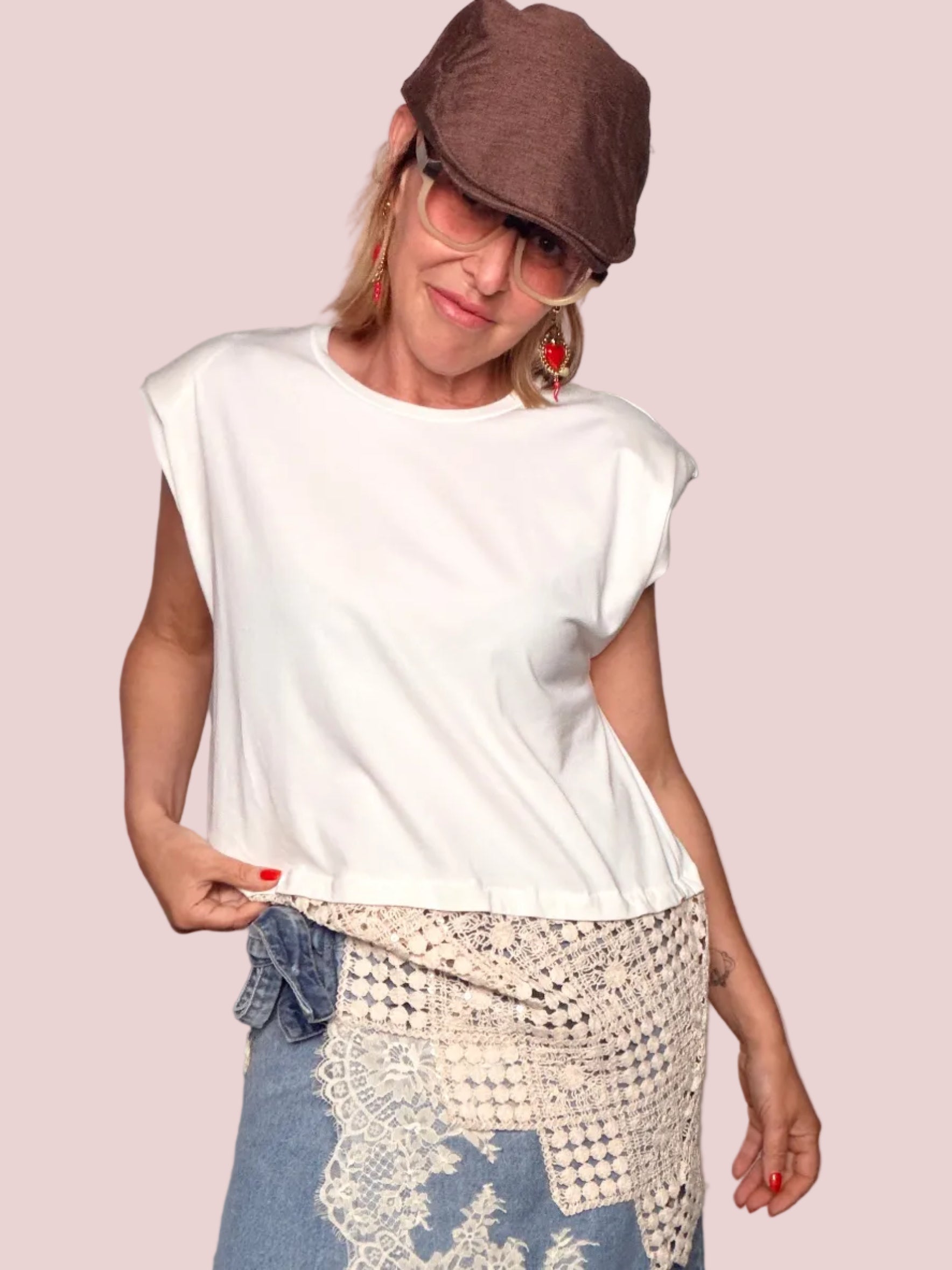 T-shirt Muscle Tee in Cotone con Inserto Pizzo Crochet e Paillettes
