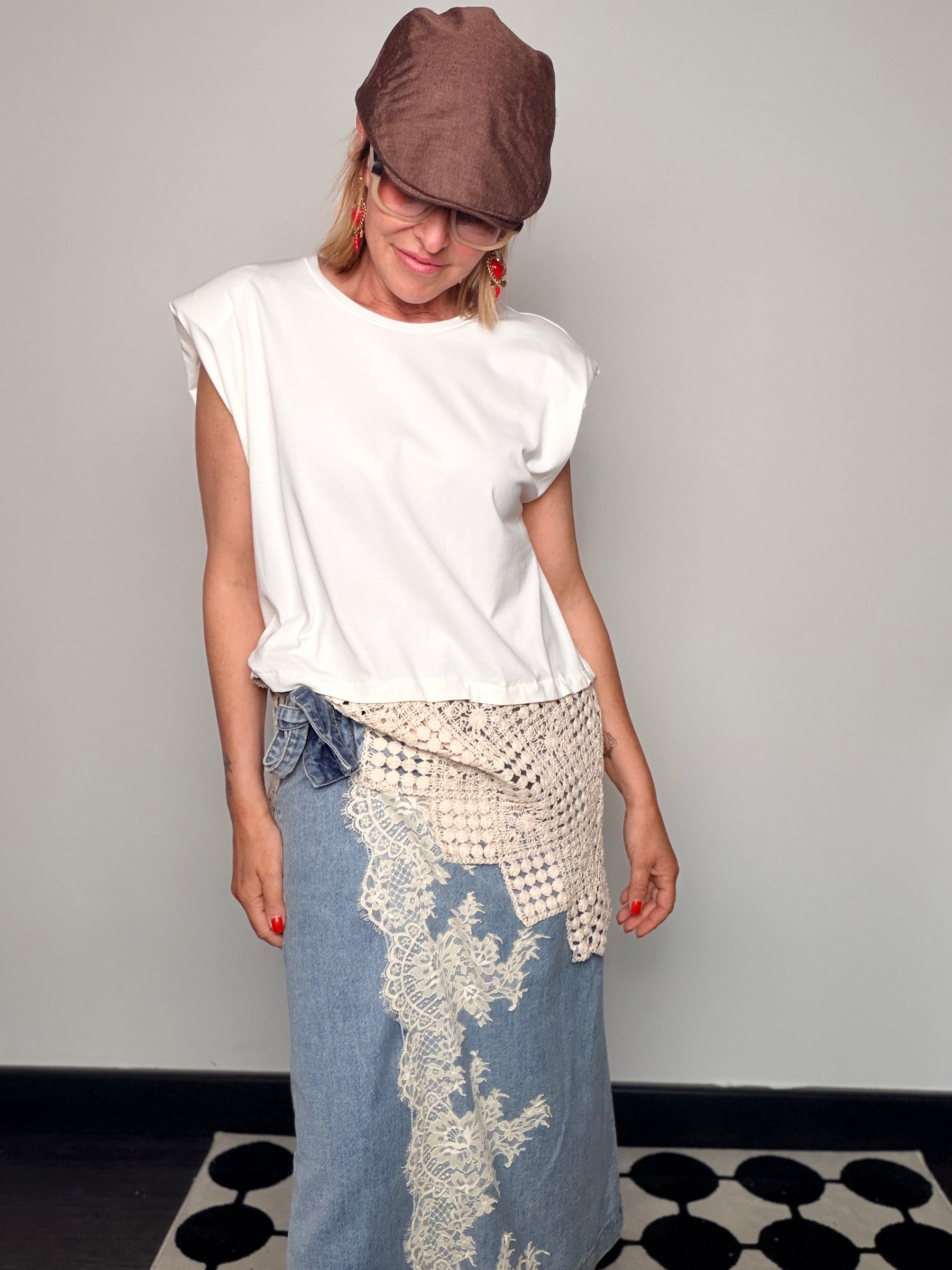 Gonna Portafoglio in Denim con Applicazione Pizzo Chantilly
