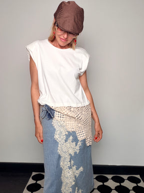 Gonna Portafoglio in Denim con Applicazione Pizzo Chantilly