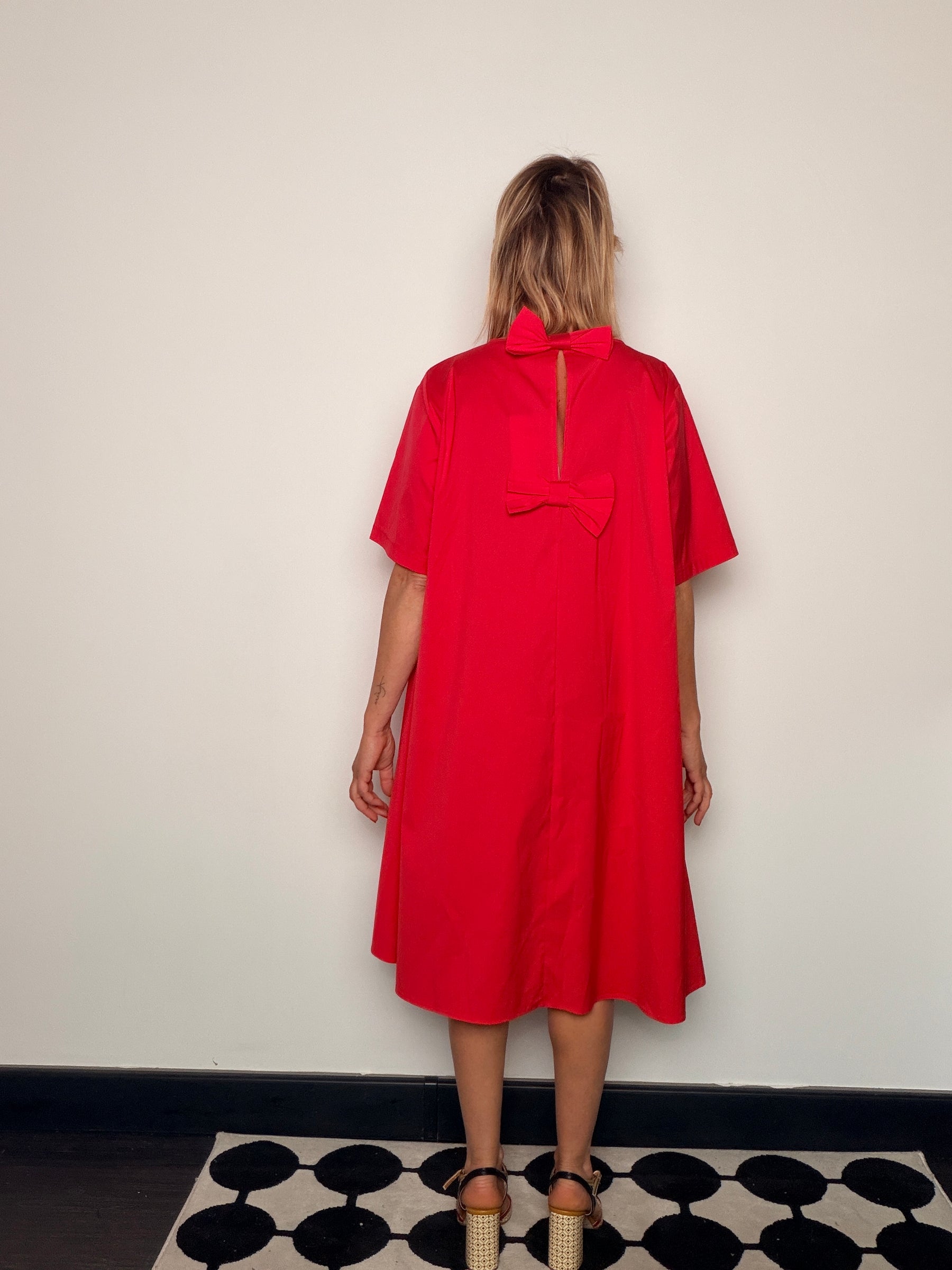 Abito Cocoon in Cotone con Gonna ad A e Fiocco sul Retro