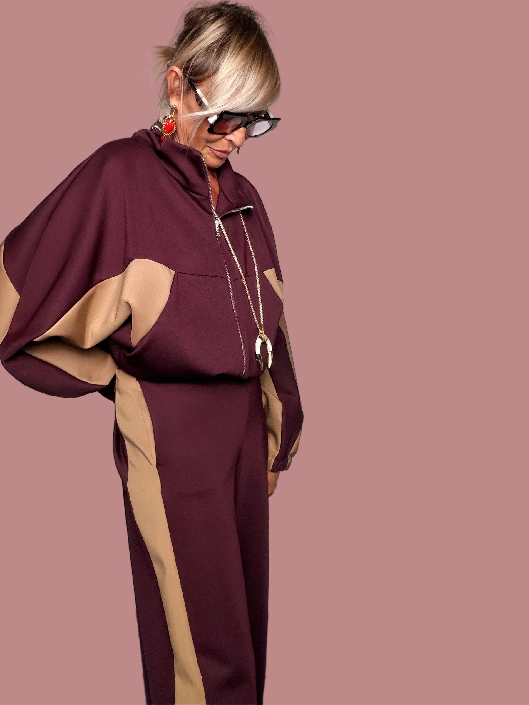 Pantalone Maxi Bicolore Banda Laterale Punto Milano Bordeaux