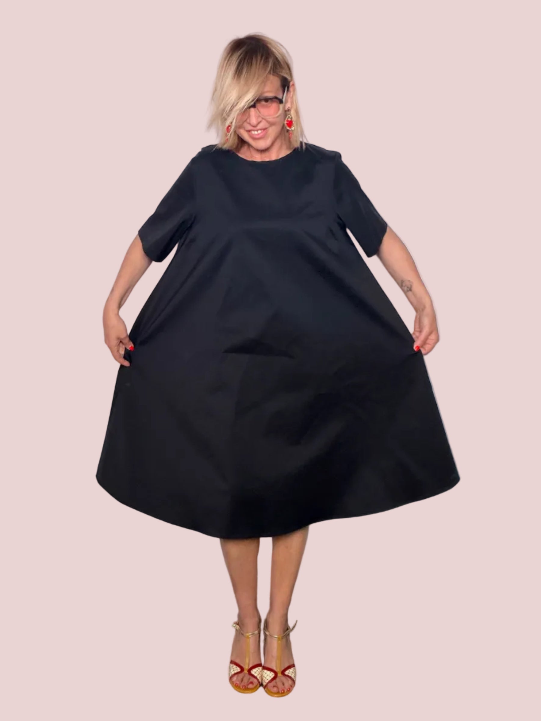 Abito Cocoon in Cotone con Gonna ad A e Fiocco sul Retro