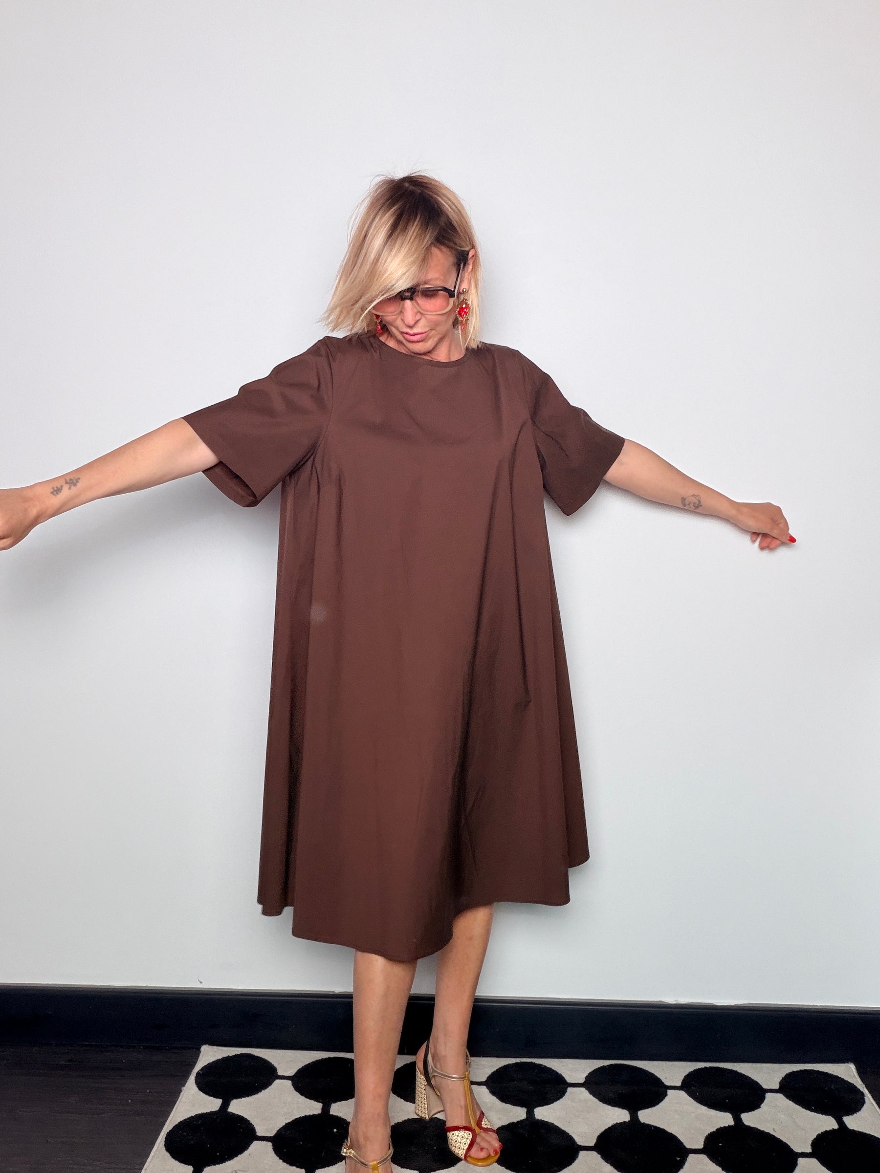 Abito Cocoon in Cotone con Gonna ad A e Fiocco sul Retro