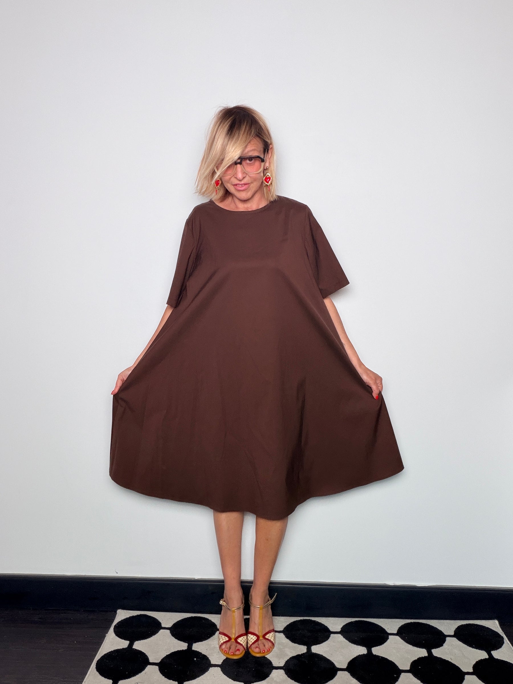 Abito Cocoon in Cotone con Gonna ad A e Fiocco sul Retro