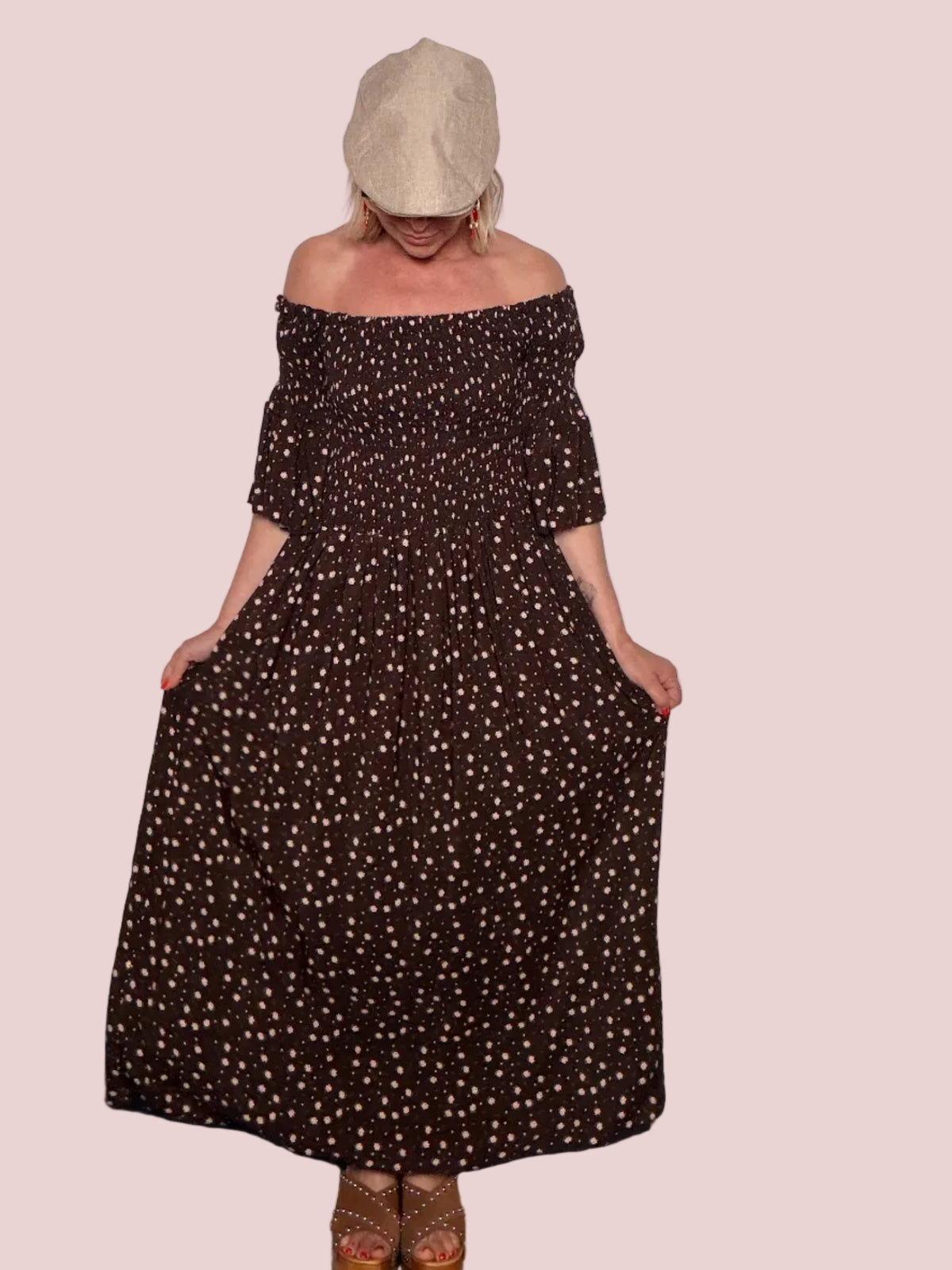 Abito Maxi Bardot in Viscosa con Corpino Smockato