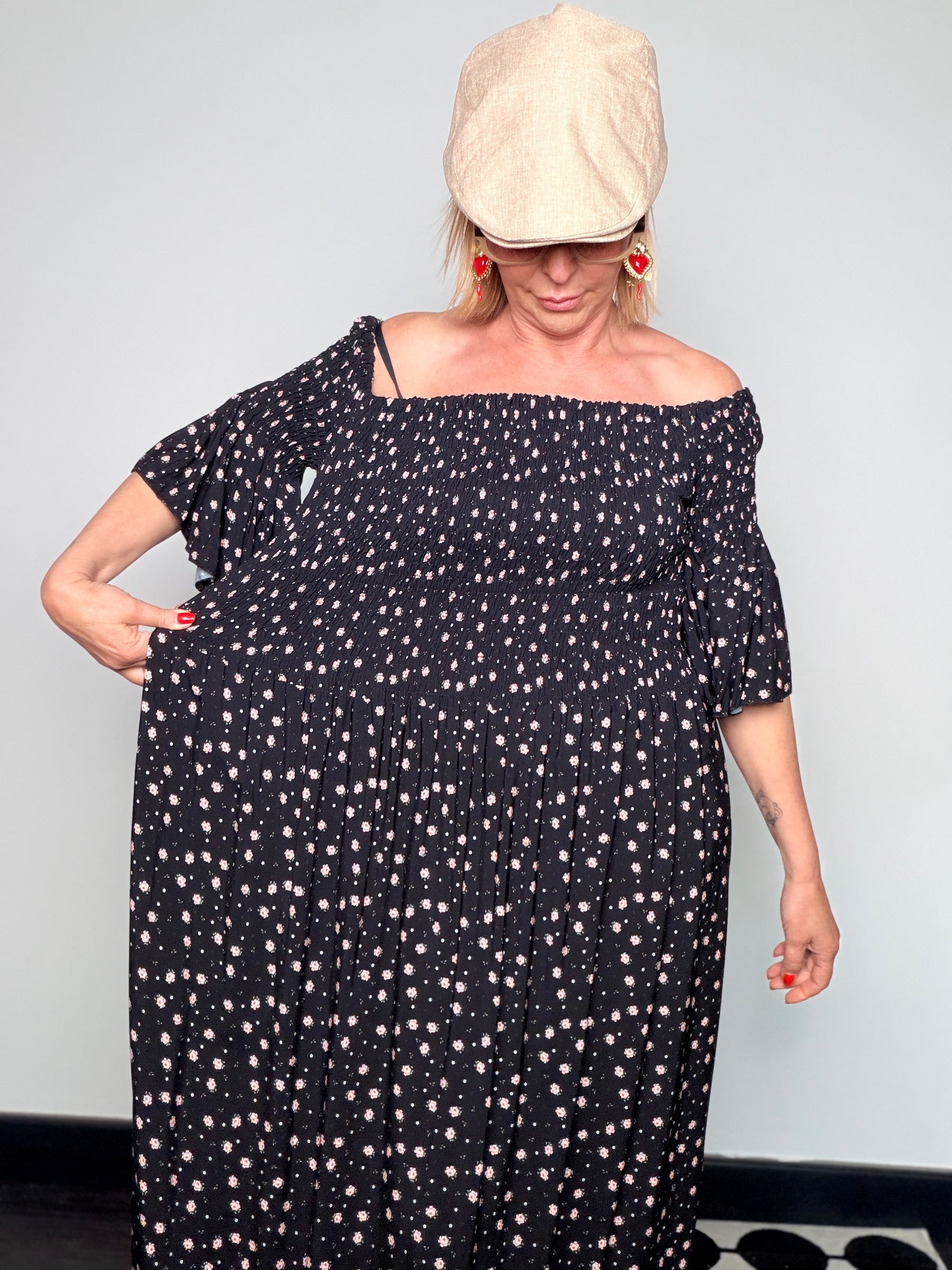 Abito Maxi Bardot in Viscosa con Corpino Smockato