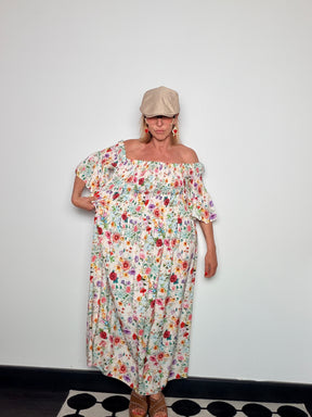 Abito Maxi Bardot in Viscosa con Corpino Smockato