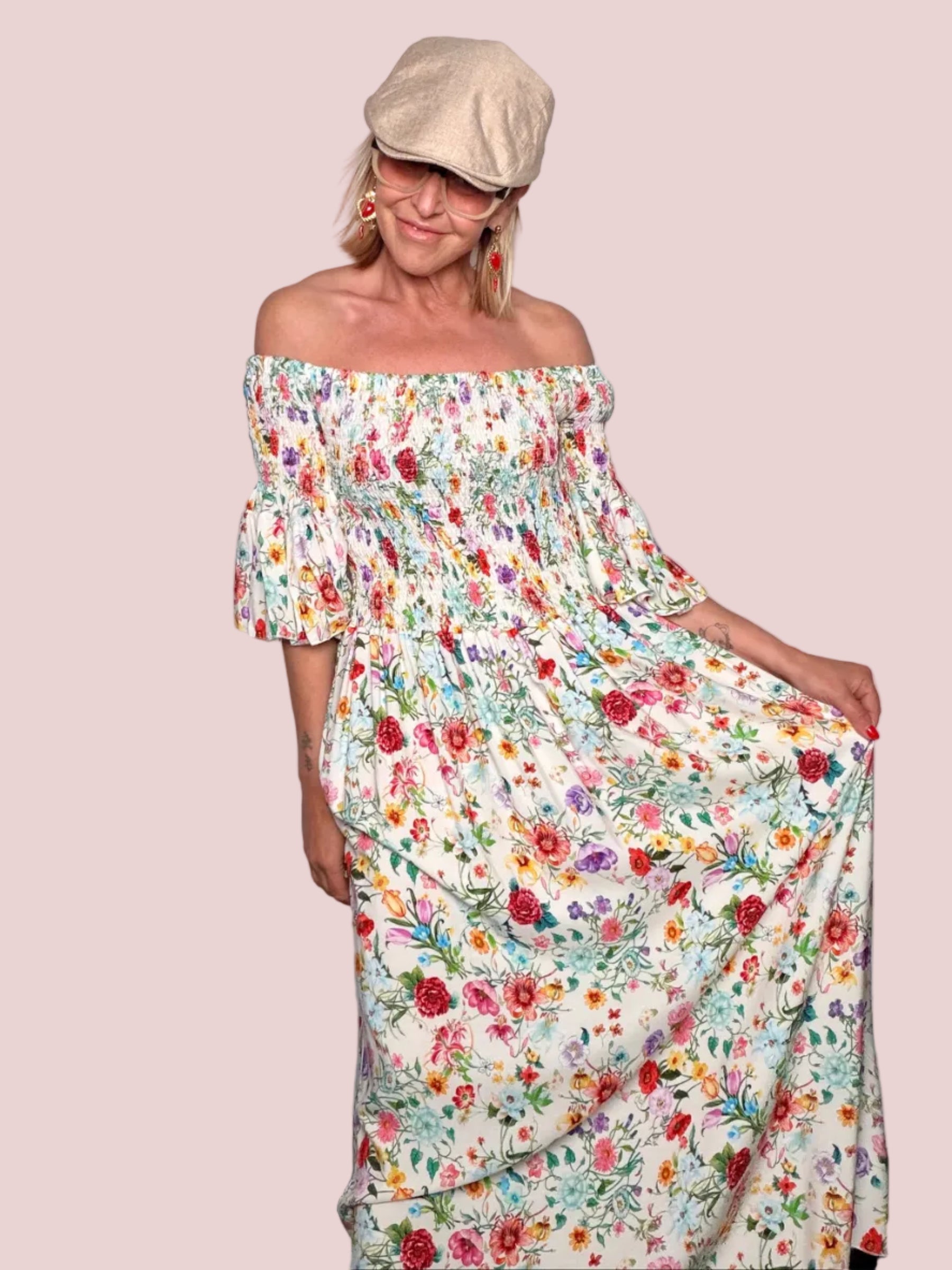 Abito Maxi Bardot in Viscosa con Corpino Smockato