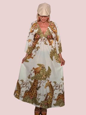 Abito Maxi in Cotone con Stampa Jungle Safari e Scollo a V