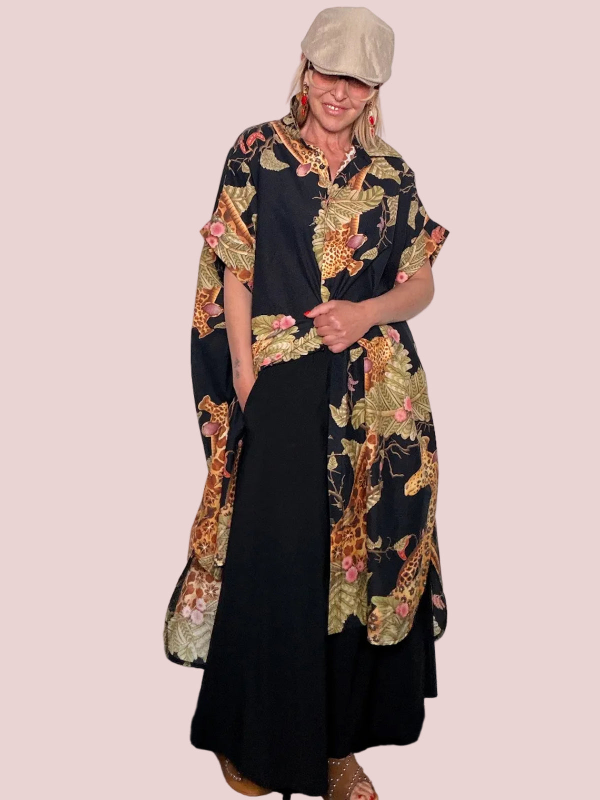 Chemisier Kaftan in Cotone con Stampa Jungle Safari su Fondo Nero