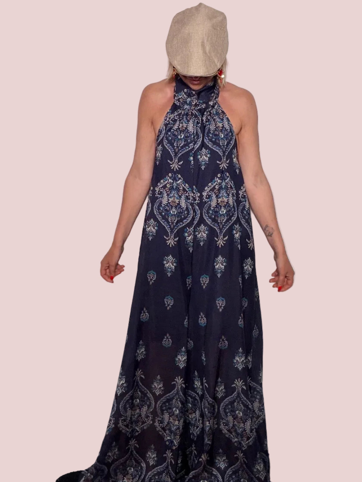 Tuta Jumpsuit Halter in Tencel e Lino con Stampa Paisley Blu Notte