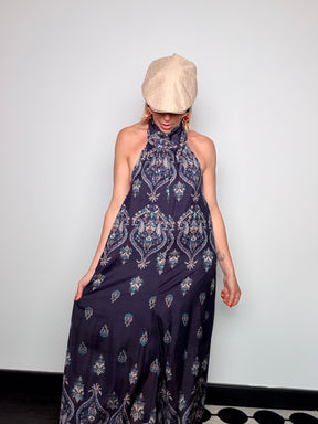 Tuta Jumpsuit Halter in Tencel e Lino con Stampa Paisley Blu Notte