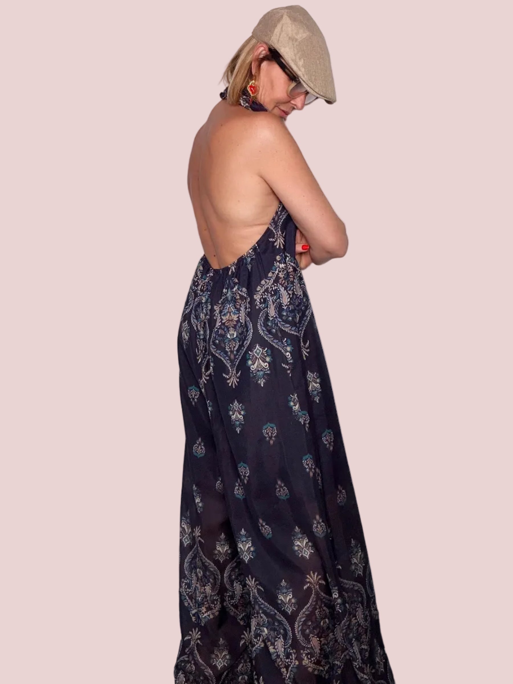 Tuta Jumpsuit Halter in Tencel e Lino con Stampa Paisley Blu Notte