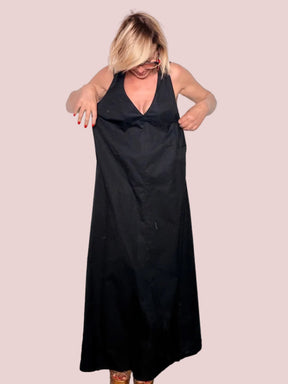 Abito Maxi in Cotone Nero con Spalline a Righe e Fiocco sulla Schiena