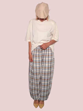 Pantalone Harem in Cotone a Quadri Tartan con Vita Elasticizzata