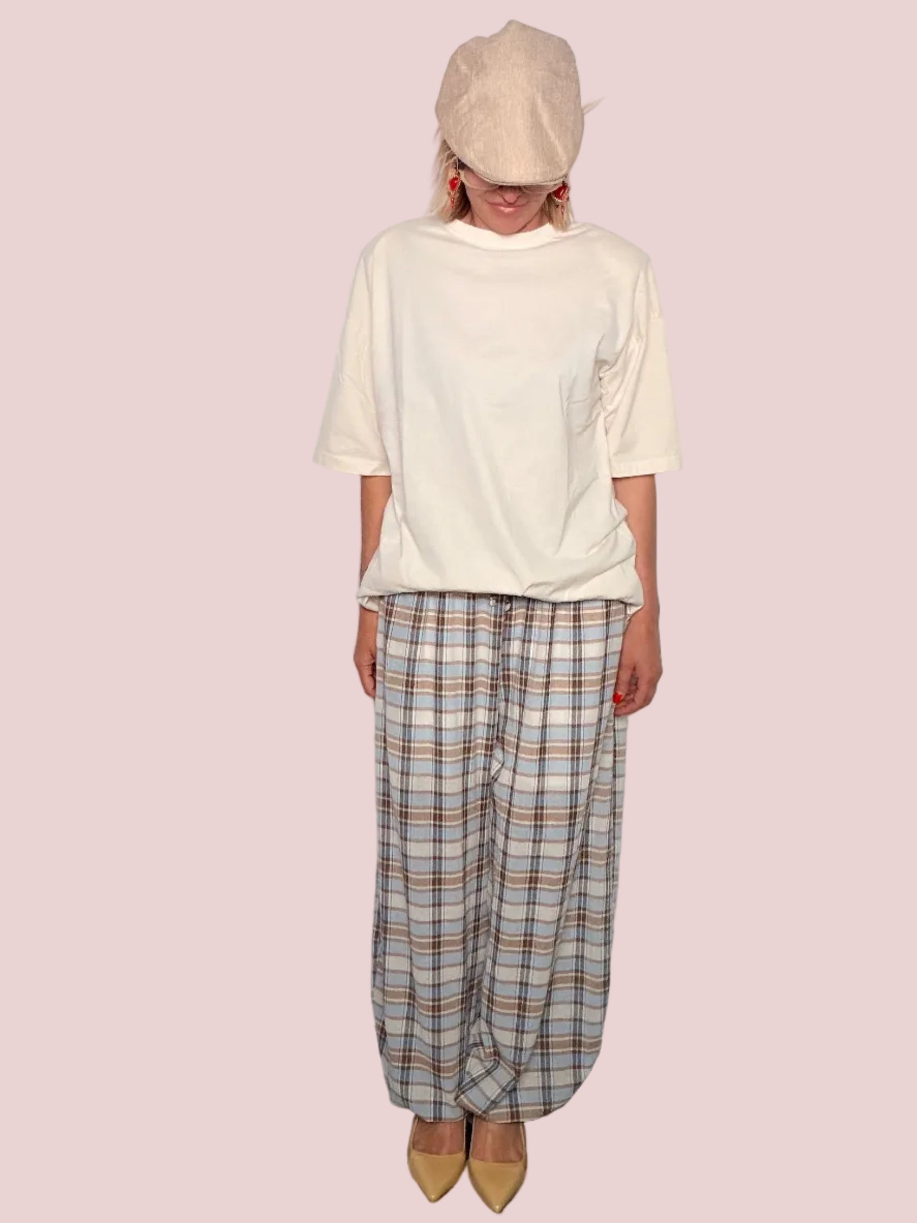 Pantalone Harem in Cotone a Quadri Tartan con Vita Elasticizzata