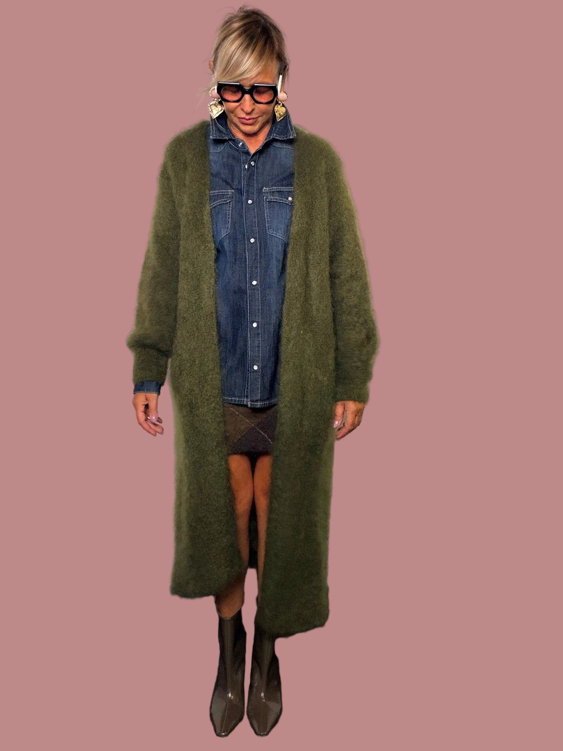 Cardigan lungo in mohair verde oliva