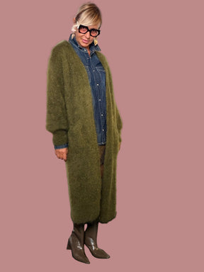 Cardigan lungo in mohair verde oliva