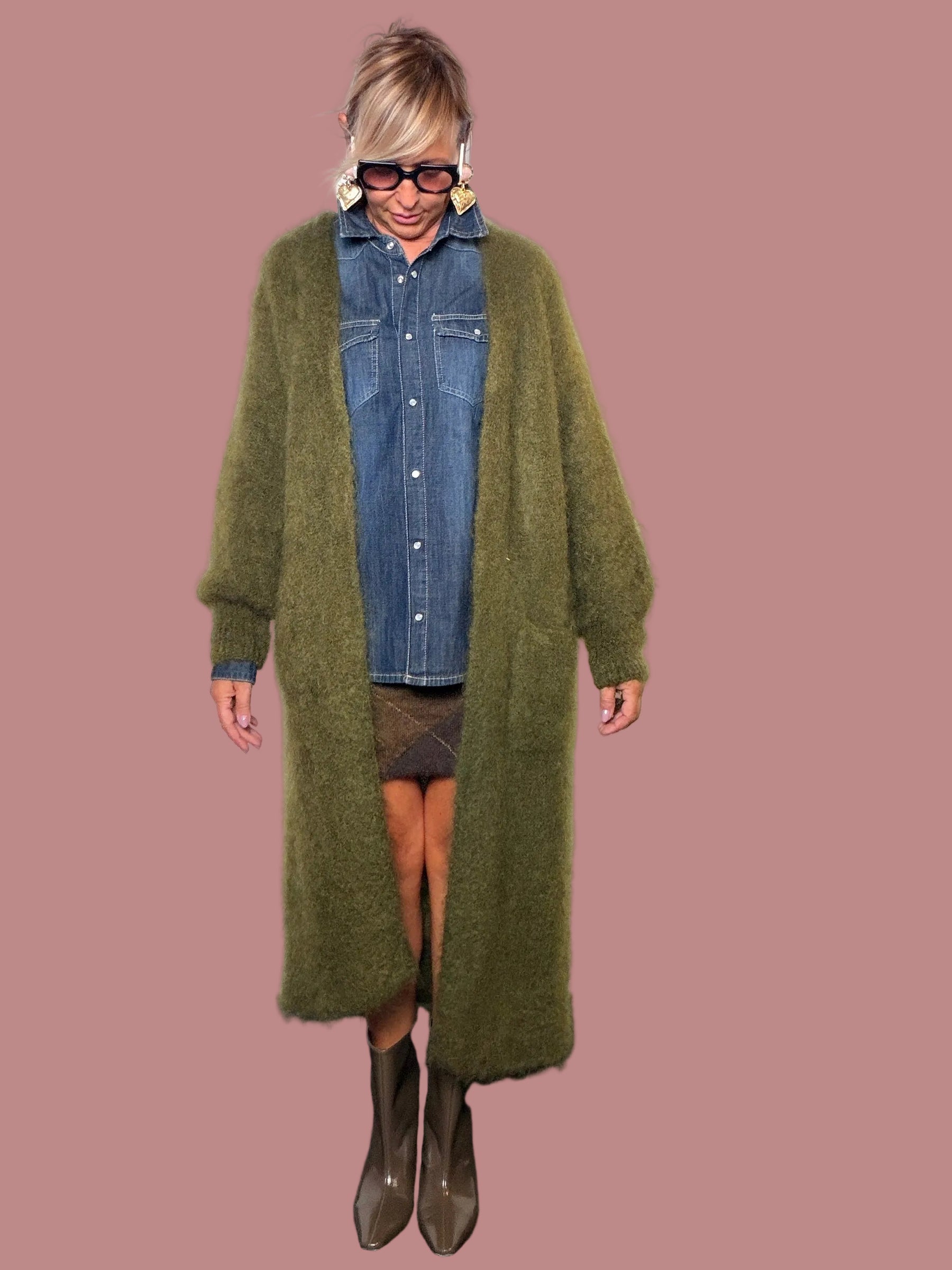 Cardigan lungo in mohair verde oliva