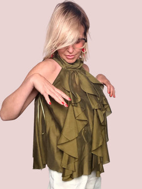 Top Halter con Volant a Cascata Verde Oliva