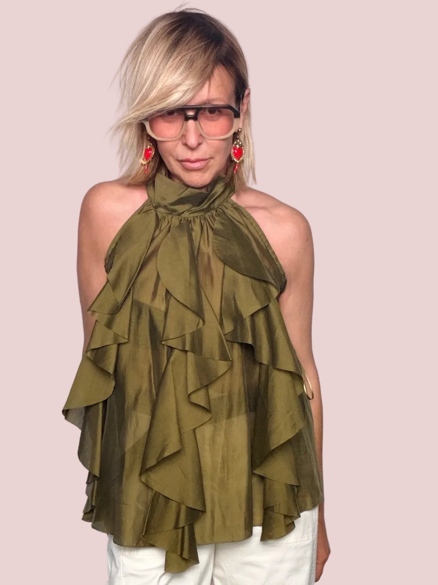 Top Halter con Volant a Cascata Verde Oliva