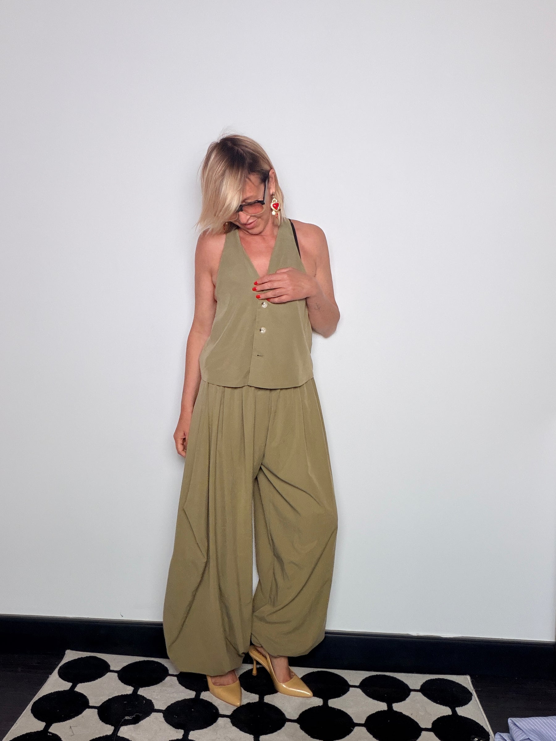 Pantalone Harem Maxi – Tessuto Fluido Kaki