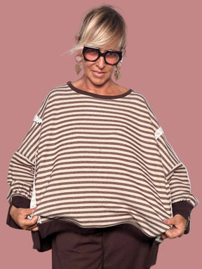 Felpa a Righe Marrone e Beige con Dettagli a Contrasto