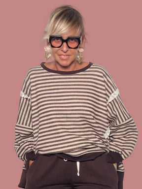 Felpa a Righe Marrone e Beige con Dettagli a Contrasto