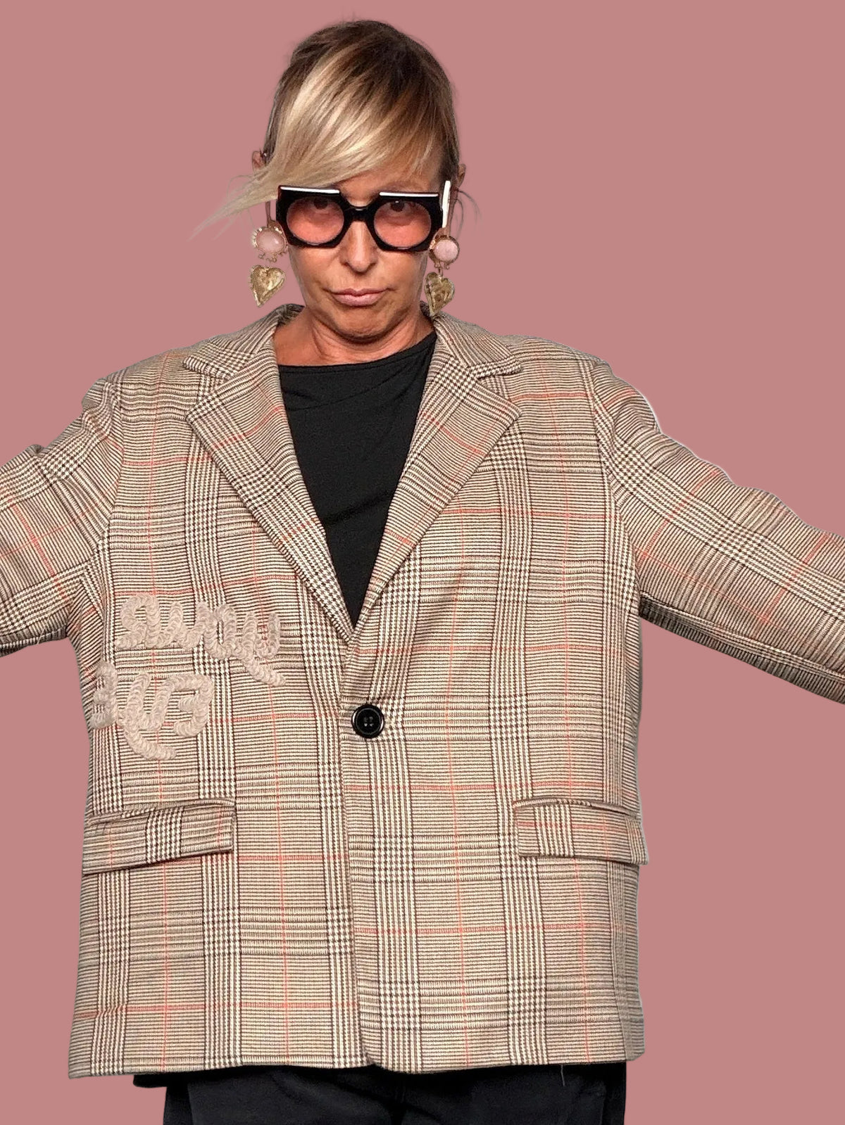 Giacca Blazer Check con Ricamo