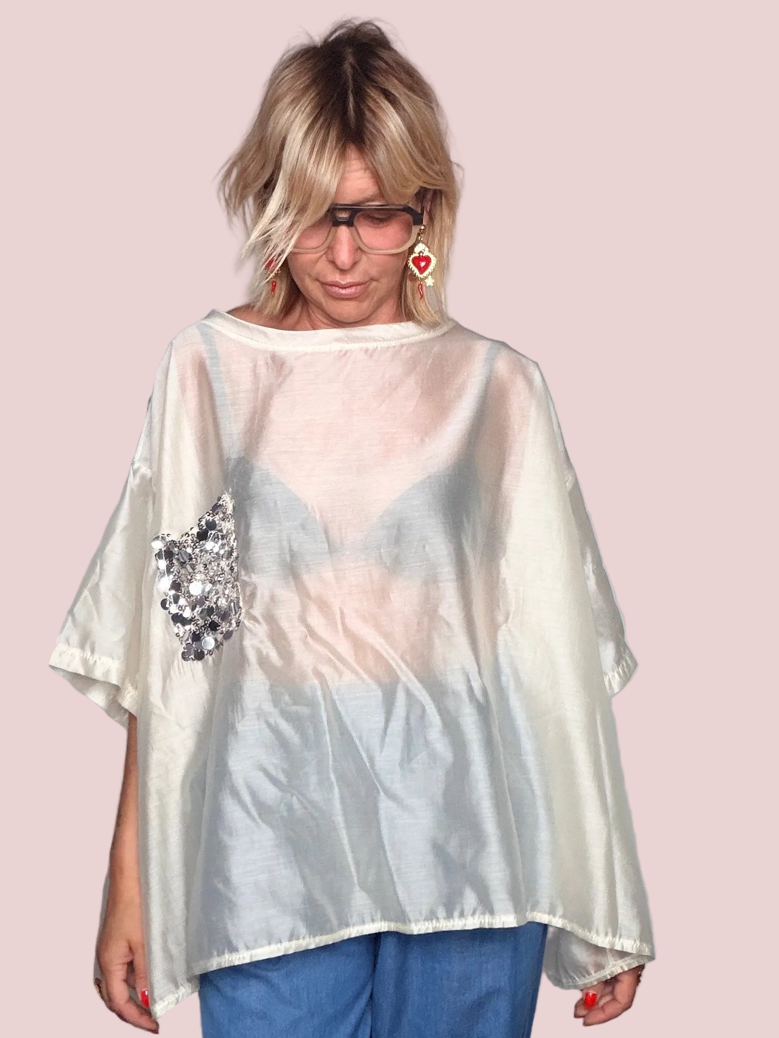 Camicia Oversize in Lyocell Avorio con Patch Gioiello (Copia)