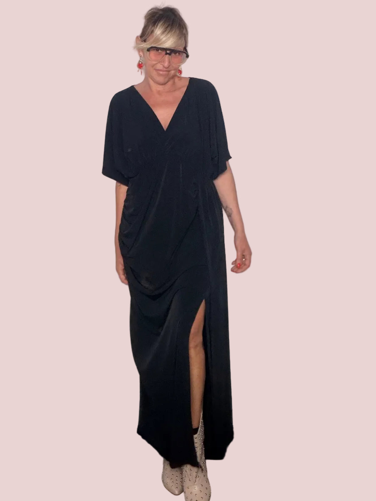 Abito Lungo Drappeggiato con Scollo a V