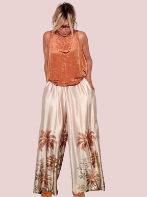 Pantalone Palazzo Stampa Tropicale Palme Viscosa