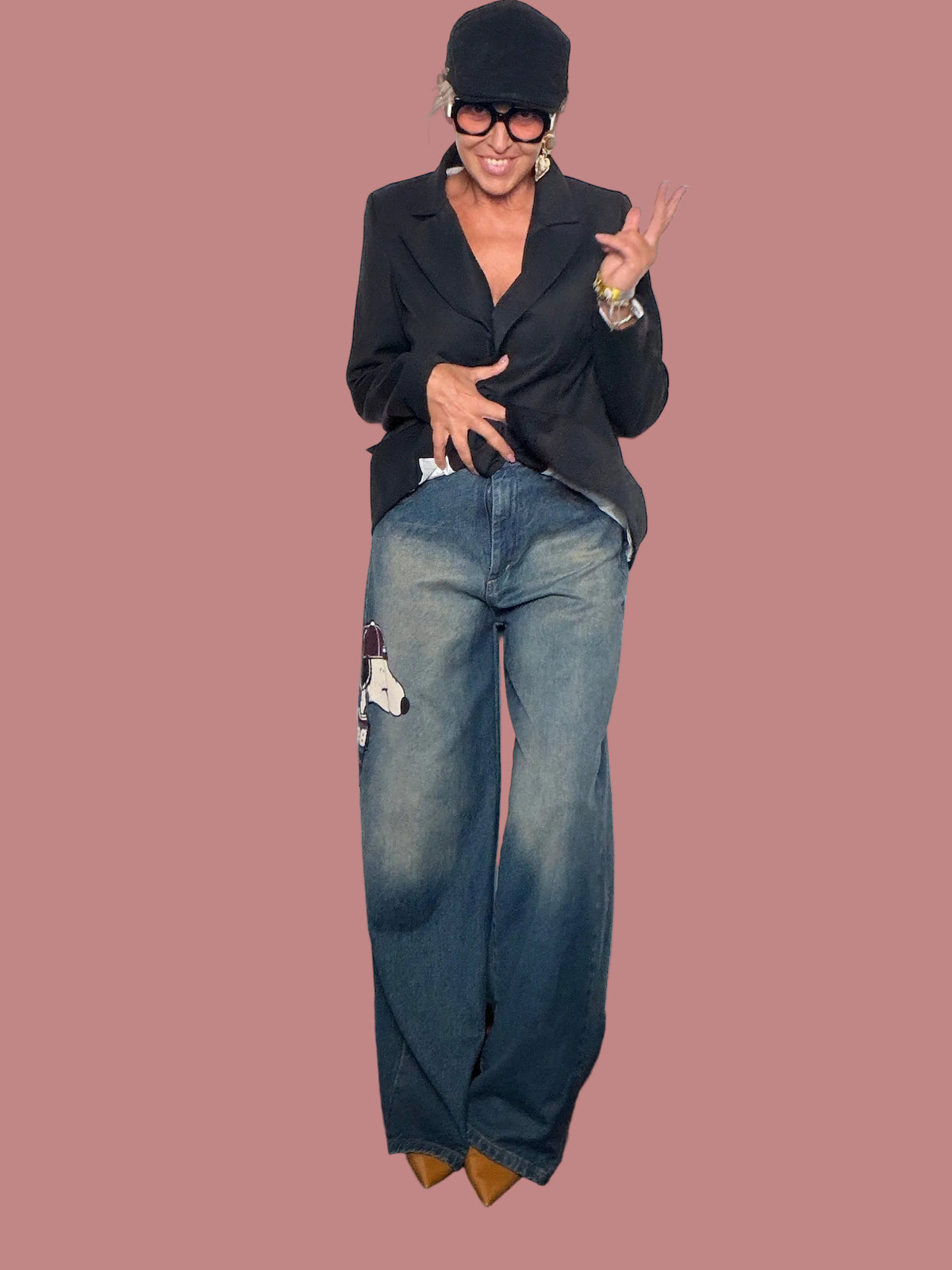 Jeans Wide Leg con Applicazione Cartoon