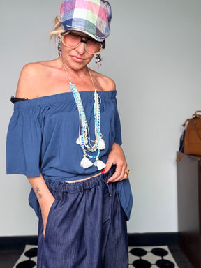 Pantalone Palazzo Cropped Chambray Jeans