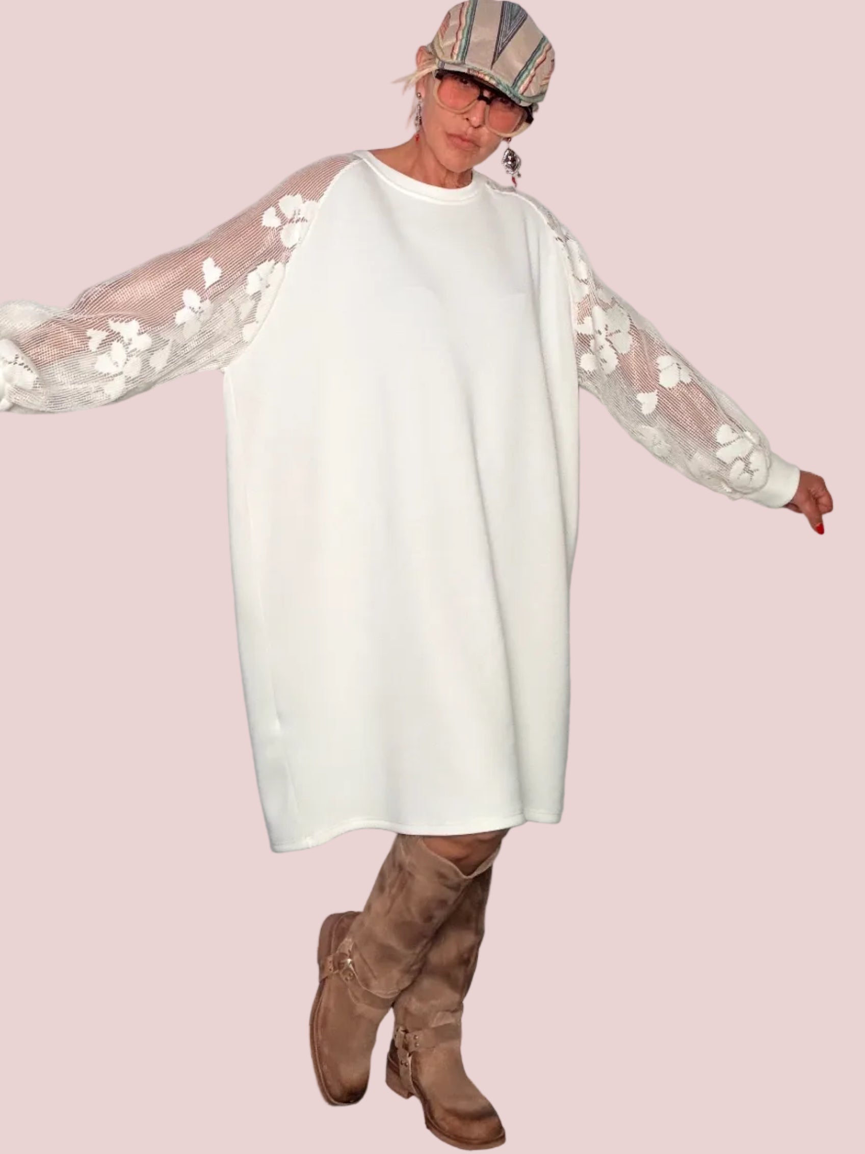 Abito Modal con Maniche in Pizzo Floreale – Bianco