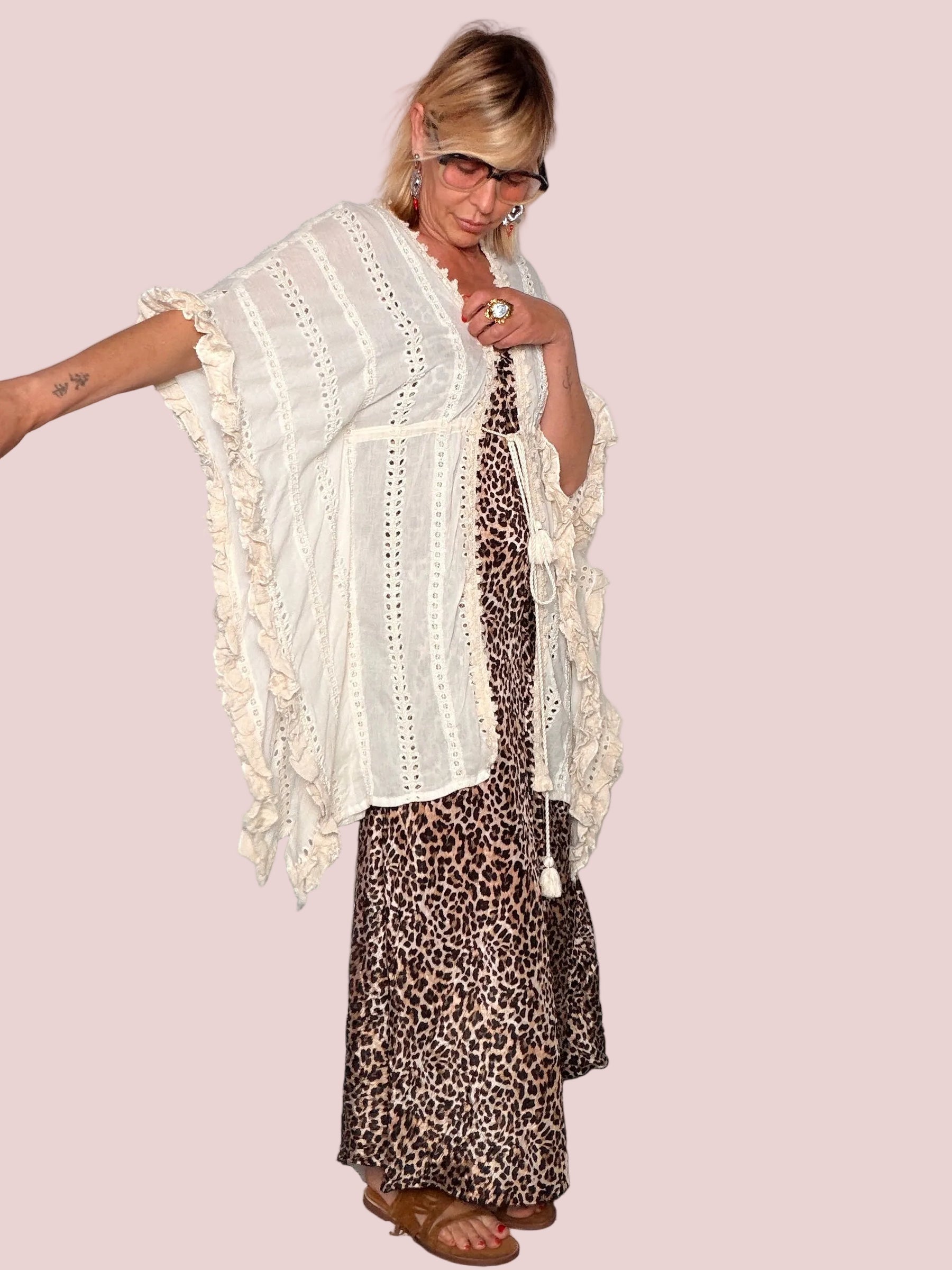 Kimono Maxi Sangallo e Volant Avorio